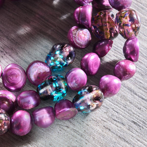 Violet Shadows | .925 Sterling Silver | Purple Freshwater Pearl x Firefly Glass Skull Bracelet