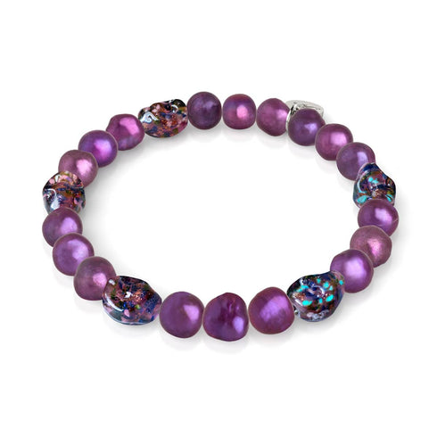 Violet Shadows | .925 Sterling Silver | Purple Freshwater Pearl x Firefly Glass Skull Bracelet